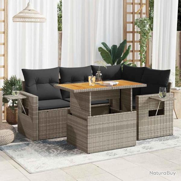 Salon de jardin 5 pcs avec coussins gris rsine tresse