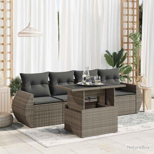 Salon de jardin 5 pcs avec coussins gris rsine tresse