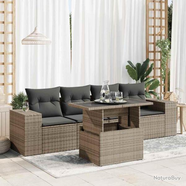 Salon de jardin 5 pcs avec coussins gris rsine tresse