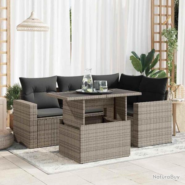 Salon de jardin 5 pcs avec coussins gris rsine tresse