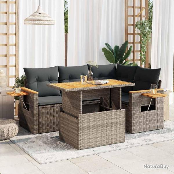 Salon de jardin 5 pcs avec coussins gris rsine tresse acacia