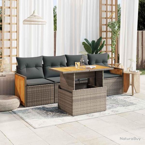 Salon de jardin 5 pcs avec coussins gris rsine tresse acacia