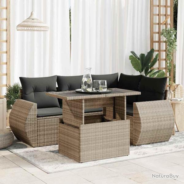Salon de jardin 5 pcs avec coussins gris rsine tresse