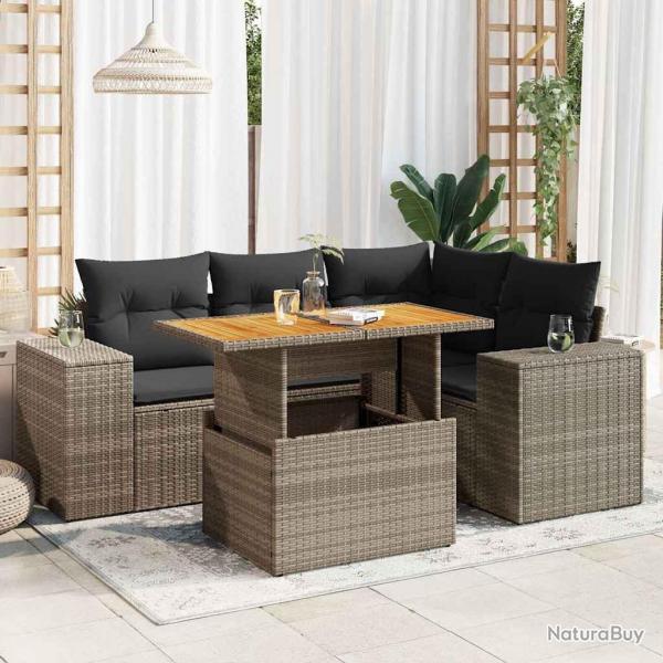 Salon de jardin 5 pcs avec coussins gris rsine tresse