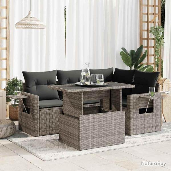 Salon de jardin 5 pcs avec coussins gris rsine tresse