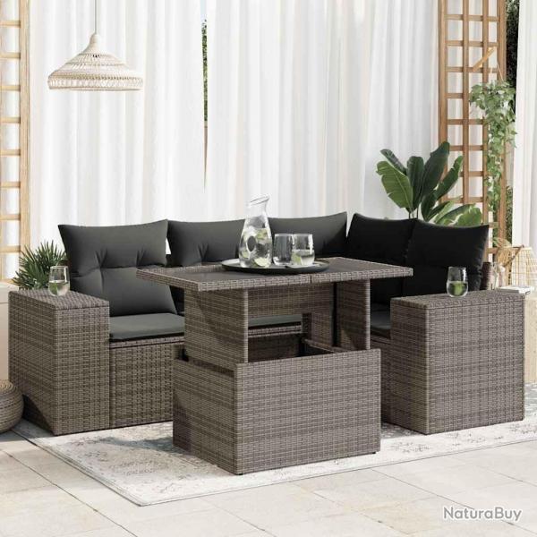Salon de jardin 5 pcs avec coussins gris rsine tresse