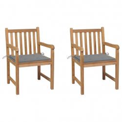 Chaises de jardin lot de 2 et coussins gris Bois de teck massif
