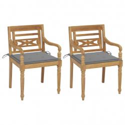 Chaises Batavia lot de 2 avec coussins gris Bois de teck massif