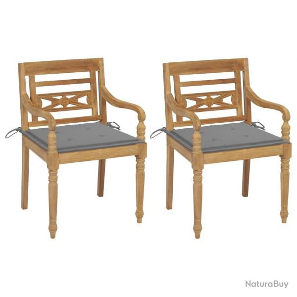 Chaises Batavia lot de 2 avec coussins gris Bois de teck massif