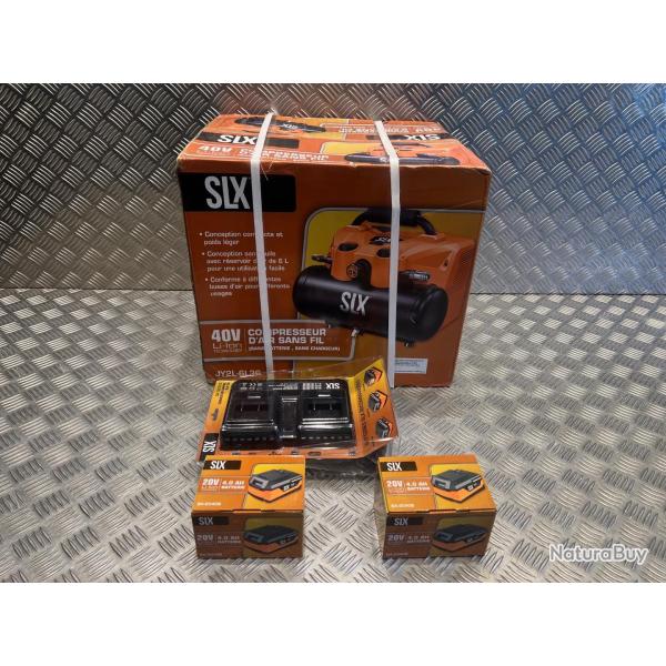 compresseur air portatif 6L 8 bar max SLX avec 2 batteries lithium 20v 4ah et chargeur double neuf