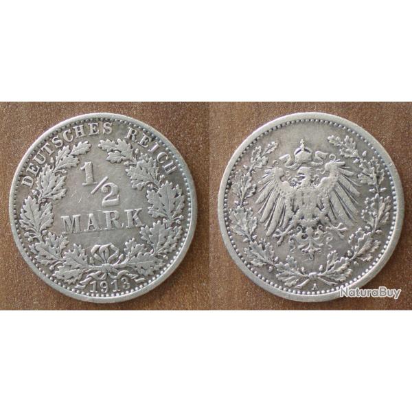Allemagne 1/2 Mark 1913 Argent Deutsches Reich Piece Aigle