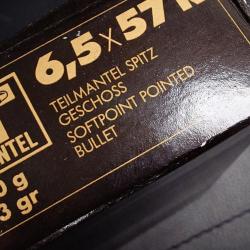 6,5X57R BOITE DE 20 CARTOUCHES RWS T MANTEL CALIBRE 6.5 X 57 R SOFT POINT 6G. 93 GRAINS Categorie C 