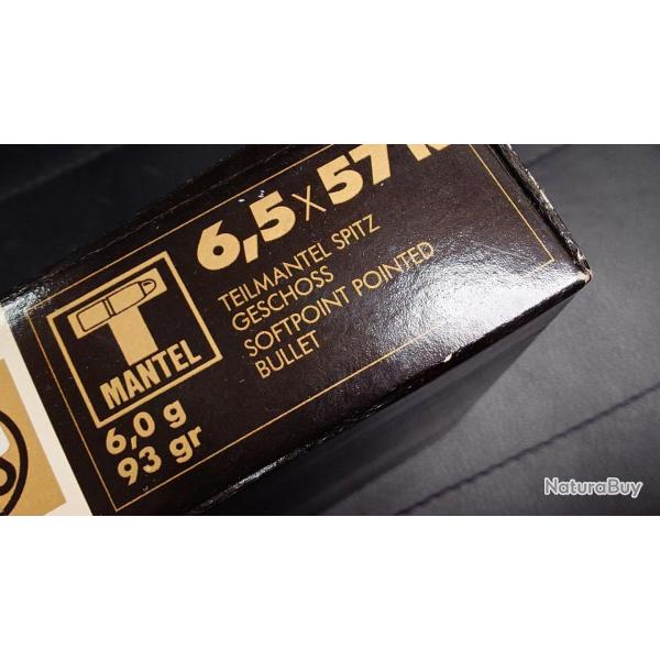 6,5X57R BOITE DE 20 CARTOUCHES RWS T MANTEL CALIBRE 6.5 X 57 R SOFT POINT 6G. 93 GRAINS Categorie C 
