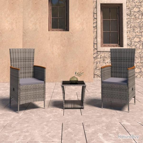 Salon de jardin 3 pcs avec coussins Rsine tresse Gris