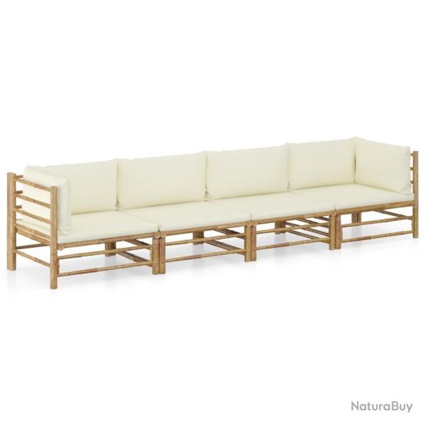 Salon de jardin 4 pcs avec coussins blanc crme bambou