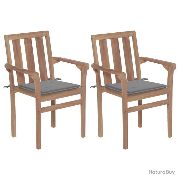 Chaises de jardin lot de 2 et coussins gris Bois de teck massif
