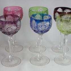 6 Verres à vin du Rhin cristal taillé coloré