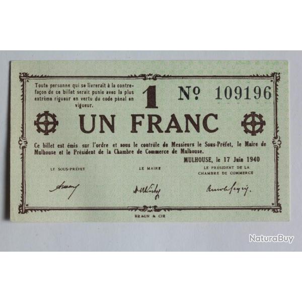 Billet de ncessit 1 Franc Mulhouse 1940