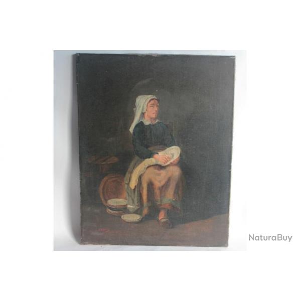Peinture Paysanne  la vaisselle sign E. Lazare XIXe sicle