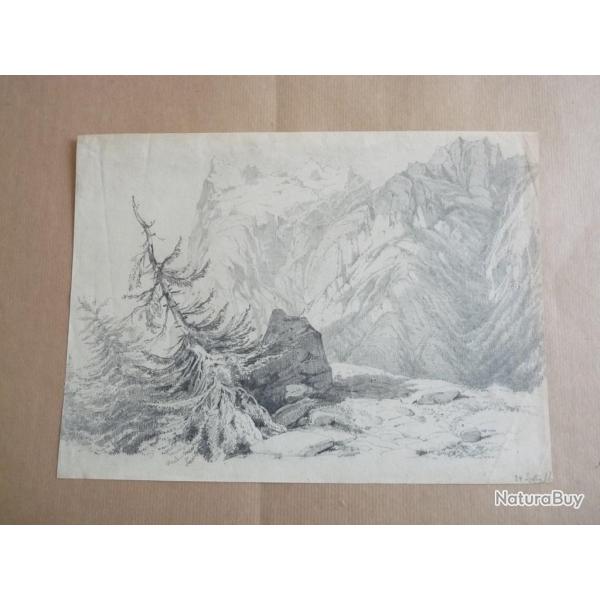 Dessin au crayon Montagnes Suisse 1866