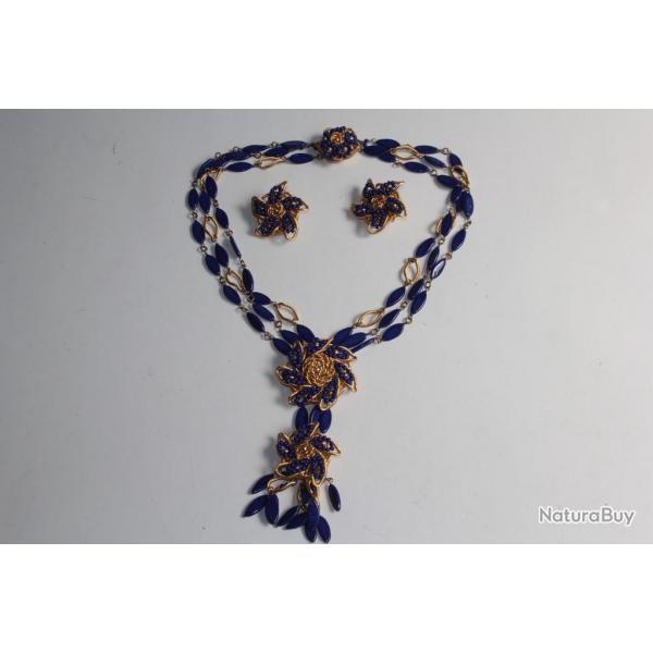 Parure Collier Clips d'oreilles bleu cobalt mtal dor 1980