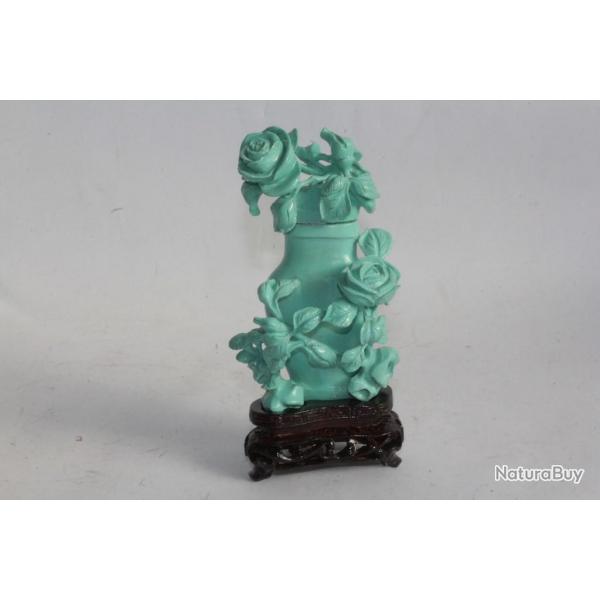 Petit vase couvert Turquoise sculpte Roses Chine