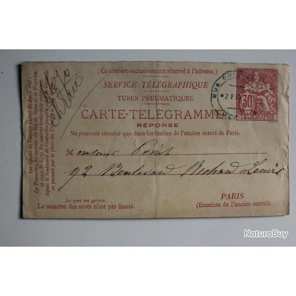 Carte rponse pneumatique Tlgramme 30c rouge Paris