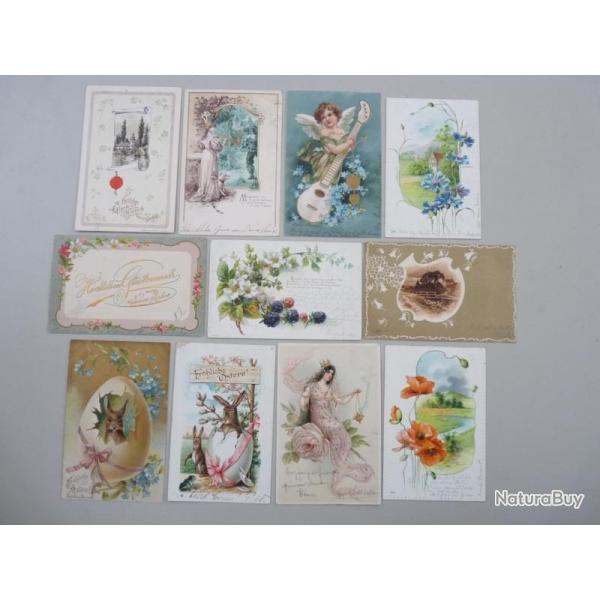 11 CPA Fantaisie Relief Pques Femme Fleurs Carte Postale