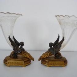 Paire de bouquetières Napoléon III Sirène ailée marine