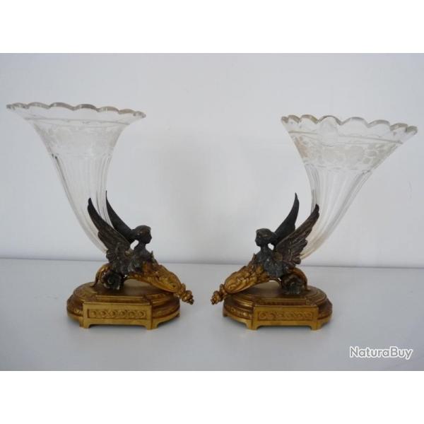 Paire de bouquetires Napolon III Sirne aile marine