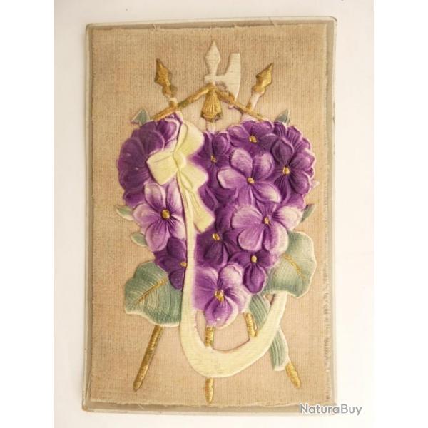 CPA illustre Fleur dcor Violettes feutrine et broderie Carte Postale
