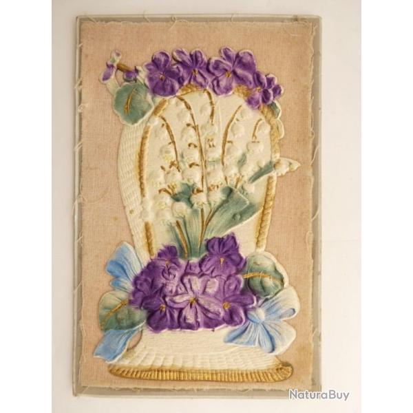 CPA illustre Fleur dcor feutrine et broderie Carte Postale