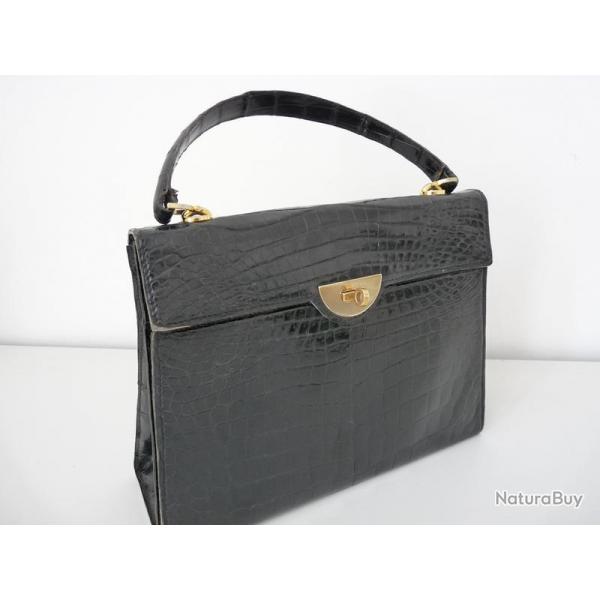 Sac  main vintage crocodile noir  mode accessoire