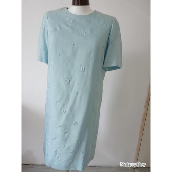 Robe AKRIS Turquoise Feuilles brodes