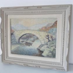 Peinture sur panneau J. Hürzeler Ponte Romano Val d'Aoste Italie Tableau