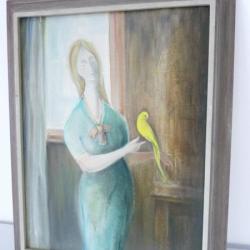 Peinture sur toile Femme à la perruche A. FRASCAROLO