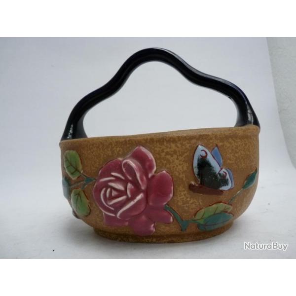 Panier cramique Amphora Fleurs Papillons Tchcoslovaquie