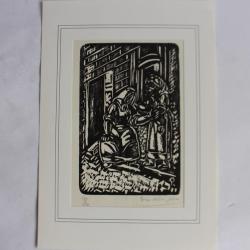 Bois gravé original Pino Della Selva Femme devant la porte n°13 1946
