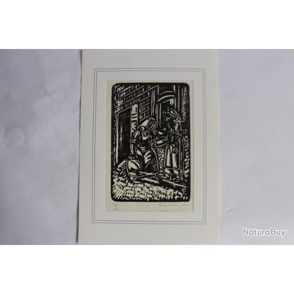 Bois grav original Pino Della Selva Femme devant la porte n13 1946