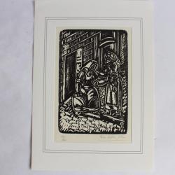 Bois gravé original Pino Della Selva Femme devant la porte n°12 1946