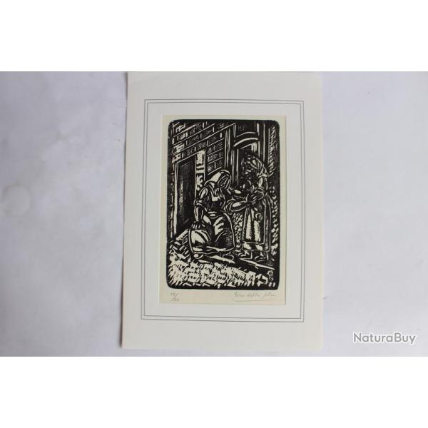 Bois grav original Pino Della Selva Femme devant la porte n12 1946