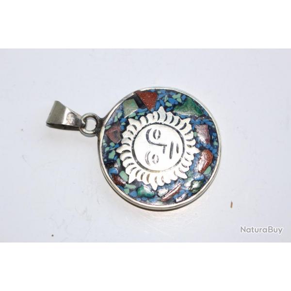 Pendentif argent et pierres Soleil Mexique