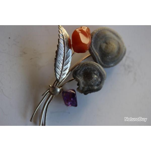 Broche argent + pierres vintage bijoux