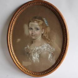 Tableau pastel portrait jeune femme XIXe siècle