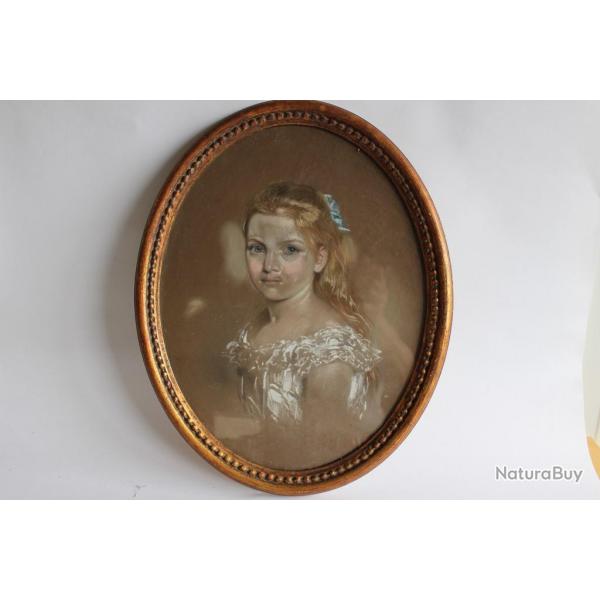 Tableau pastel portrait jeune femme XIXe sicle