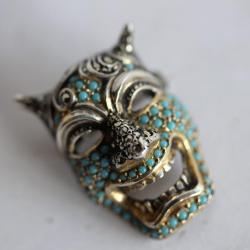 Broche Masque démon Oni argent massif turquoise marcassites