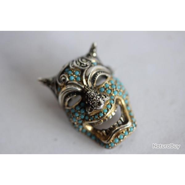 Broche Masque dmon Oni argent massif turquoise marcassites