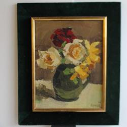 AYMAR Peinture à l'huile Roses au vase vert Fleurs