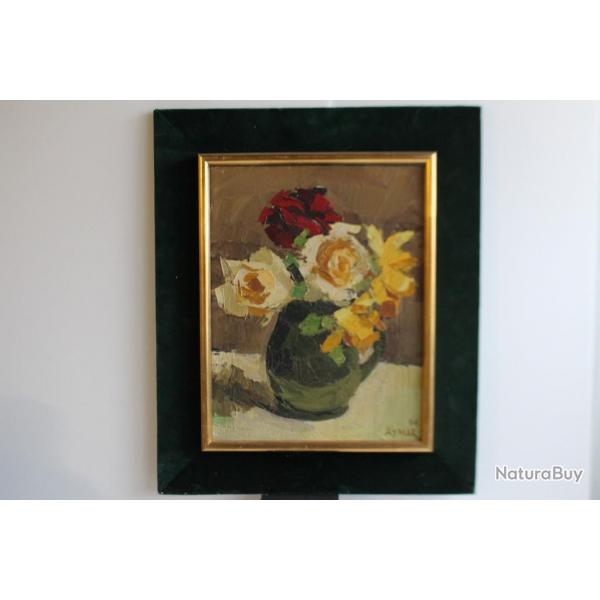 AYMAR Peinture  l'huile Roses au vase vert Fleurs