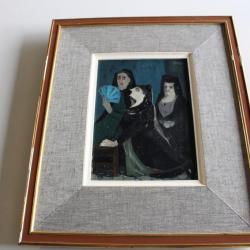 Olga Reiwald tableau Acrylique sur isorel    Espagnoles a l'église